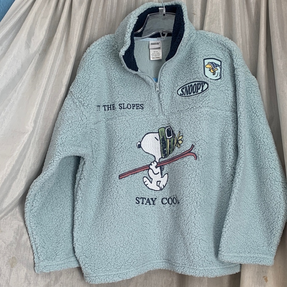 Peanuts Light Blue Sherpa Pullover Jacket with Snoopy Ski Graphic